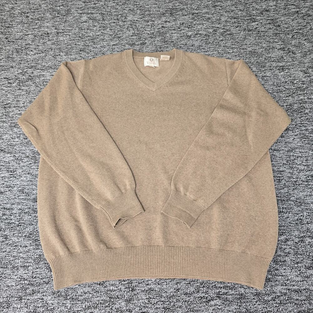 Viyella Merino Wool Pullover Sweater Men's XL Tan V-Neck Preppy Quiet Luxury